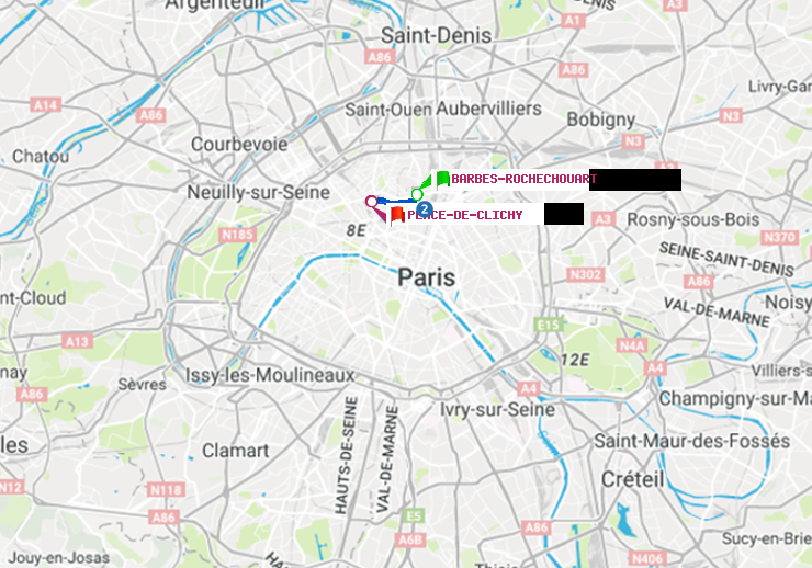 plan itinéraire ratp de Barbès-Rochechouart à Place de Clichy