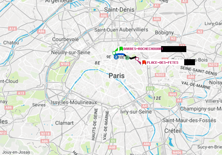 plan itinéraire ratp de Barbès-Rochechouart à Place des Fêtes