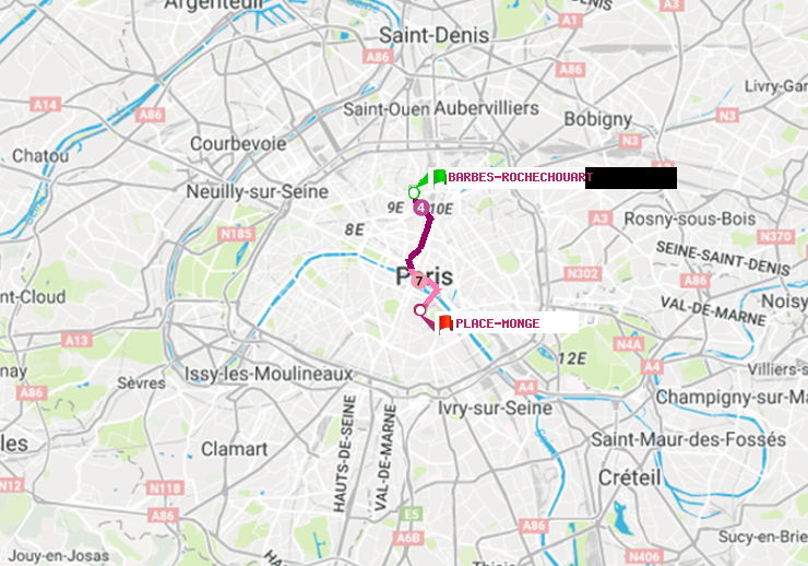 plan itinéraire ratp de Barbès-Rochechouart à Place Monge (Jardin des Plantes)