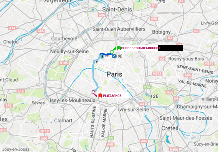 plan itinéraire ratp de Barbès-Rochechouart à Plaisance
