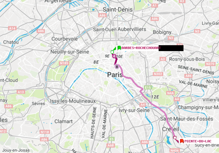 plan itinéraire ratp de Barbès-Rochechouart à Pointe du Lac