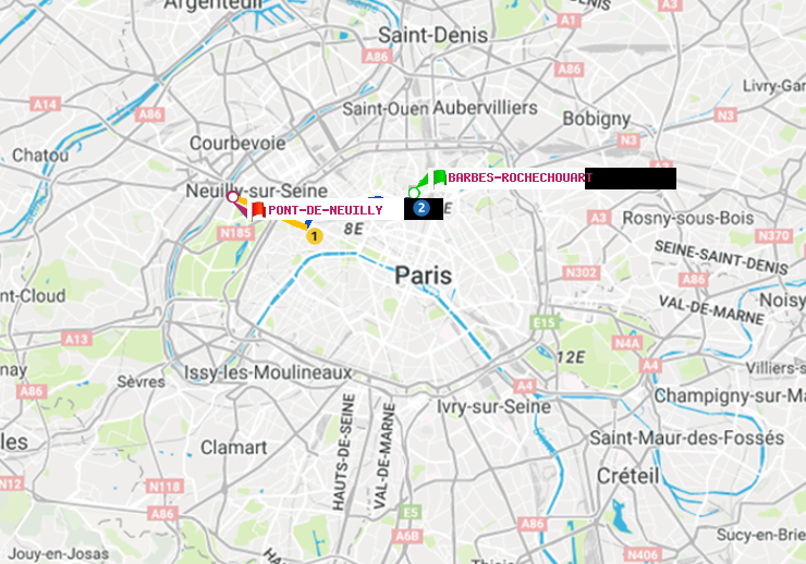 plan itinéraire ratp de Barbès-Rochechouart à Pont de Neuilly