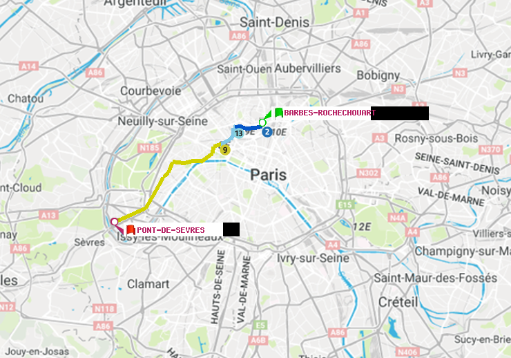 plan itinéraire ratp de Barbès-Rochechouart à Pont de Sèvres