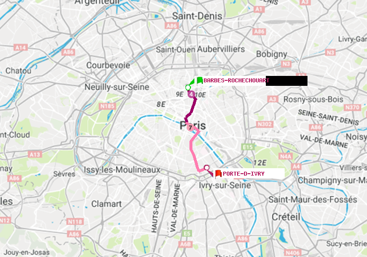 plan itinéraire ratp de Barbès-Rochechouart à Porte d