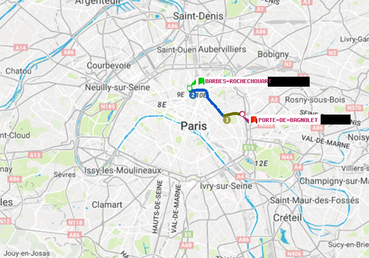 plan itinéraire ratp de Barbès-Rochechouart à Porte de Bagnolet