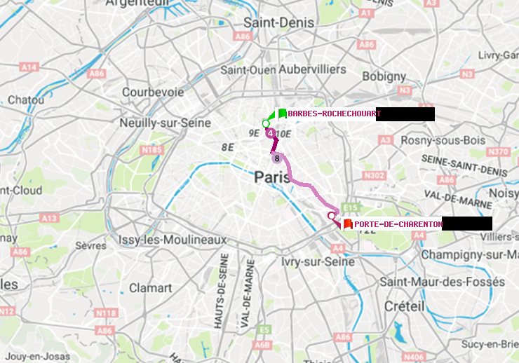 plan itinéraire ratp de Barbès-Rochechouart à Porte de Charenton