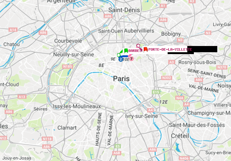 plan itinéraire ratp de Barbès-Rochechouart à Porte de la Villette