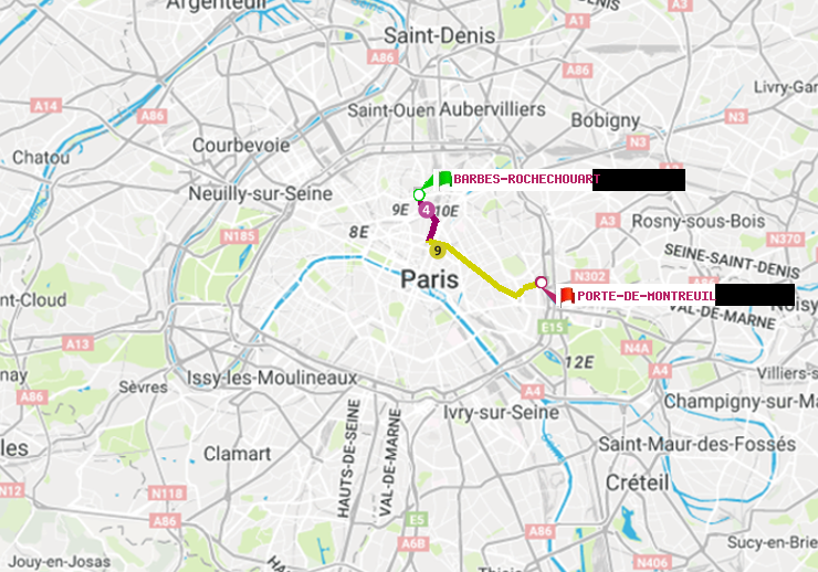 plan itinéraire ratp de Barbès-Rochechouart à Porte de Montreuil