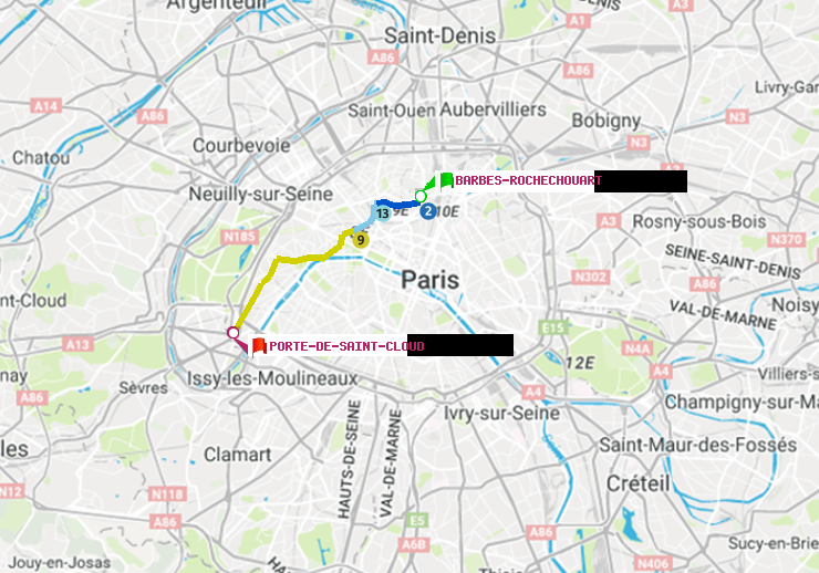 plan itinéraire ratp de Barbès-Rochechouart à Porte de Saint-Cloud