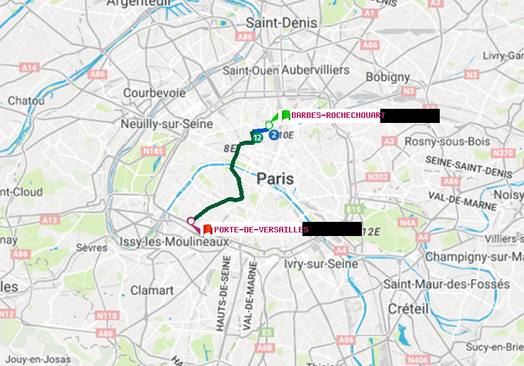 plan itinéraire ratp de Barbès-Rochechouart à Porte de Versailles