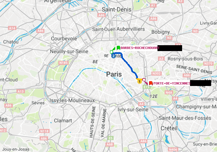 plan itinéraire ratp de Barbès-Rochechouart à Porte de Vincennes
