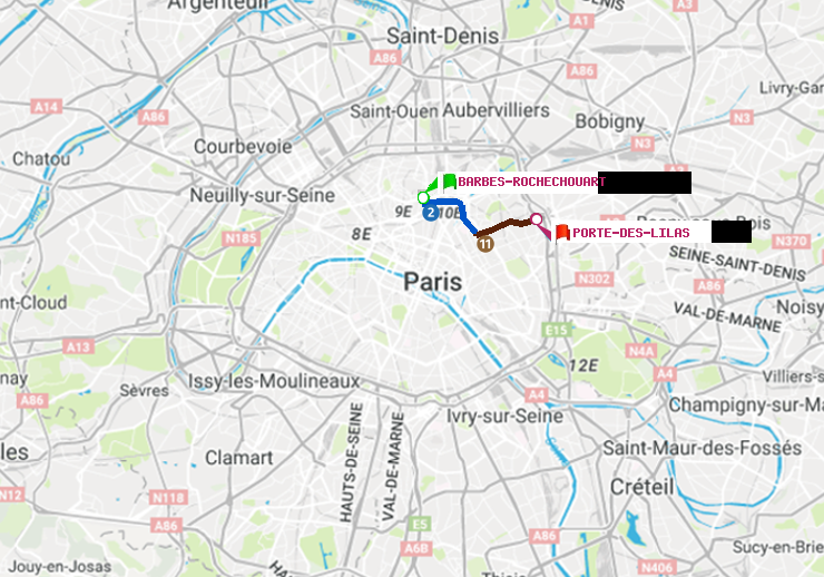 plan itinéraire ratp de Barbès-Rochechouart à Porte des Lilas