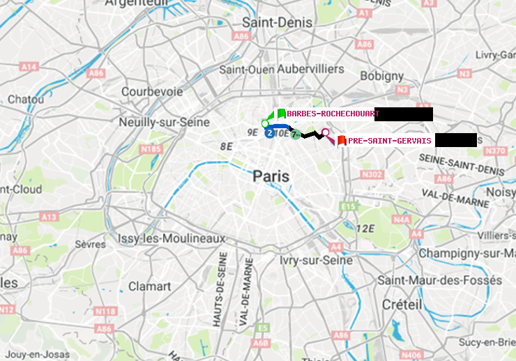 plan itinéraire ratp de Barbès-Rochechouart à Pré-Saint-Gervais
