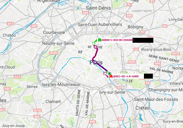 plan itinéraire ratp de Barbès-Rochechouart à Quai de la Gare