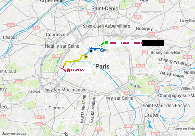 plan itinéraire ratp de Barbès-Rochechouart à Ranelagh