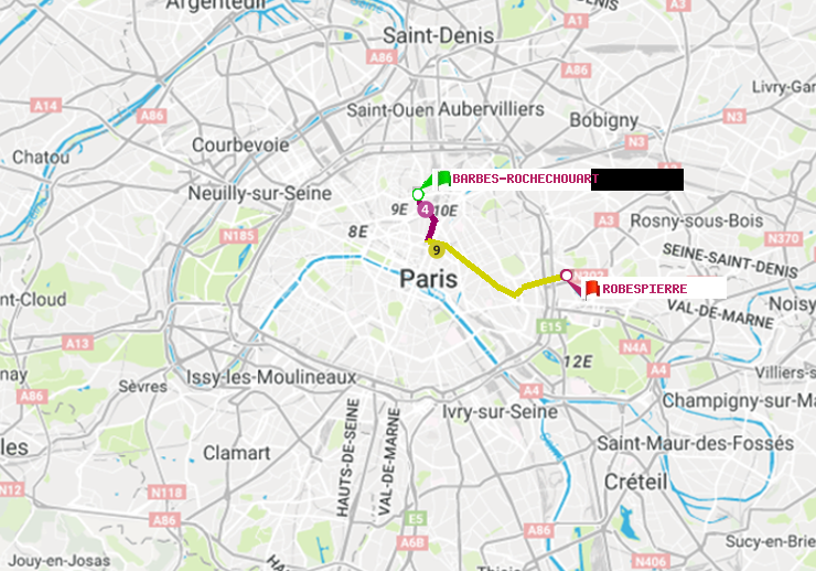 plan itinéraire ratp de Barbès-Rochechouart à Robespierre