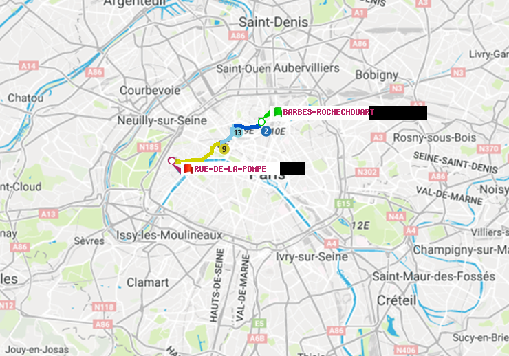 plan itinéraire ratp de Barbès-Rochechouart à Rue de la Pompe (Avenue Georges Mandel)