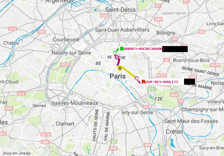 plan itinéraire ratp de Barbès-Rochechouart à Rue des Boulets