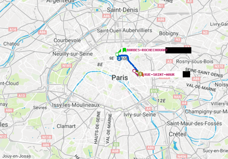 plan itinéraire ratp de Barbès-Rochechouart à Rue Saint-Maur