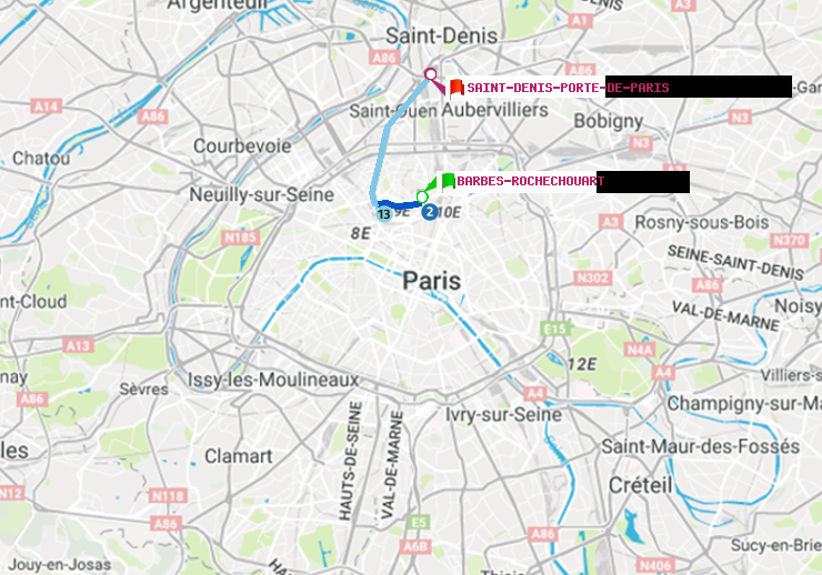 plan itinéraire ratp de Barbès-Rochechouart à Saint-Denis-Porte de Paris