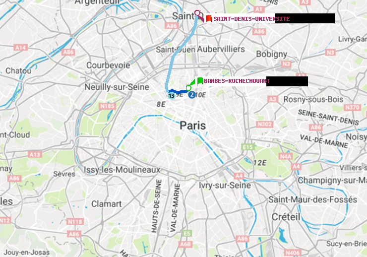 plan itinéraire ratp de Barbès-Rochechouart à Saint-Denis-Universite