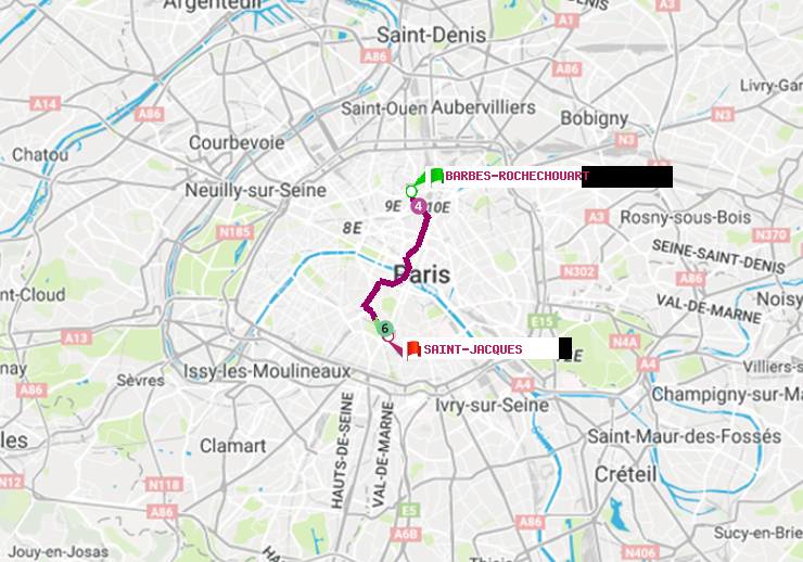 plan itinéraire ratp de Barbès-Rochechouart à Saint-Jacques