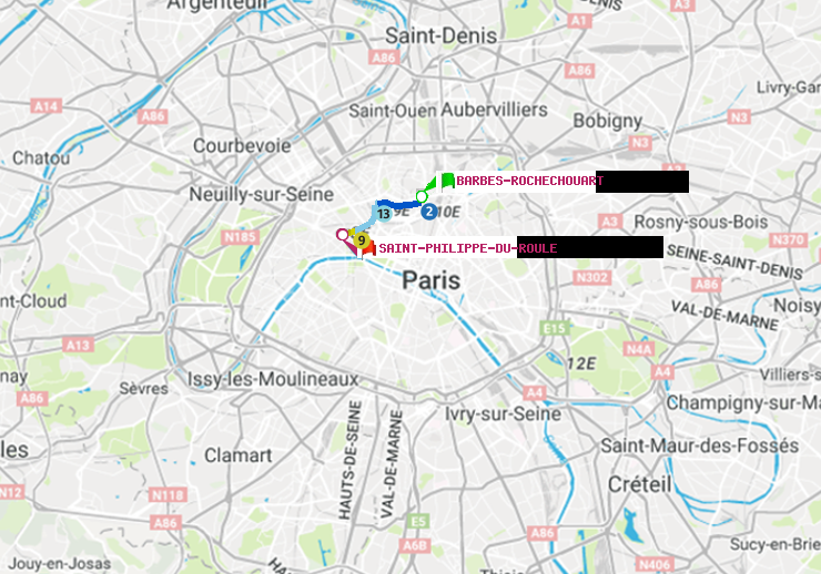 plan itinéraire ratp de Barbès-Rochechouart à Saint-Philippe du Roule