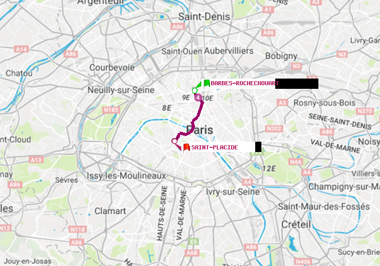 plan itinéraire ratp de Barbès-Rochechouart à Saint-Placide