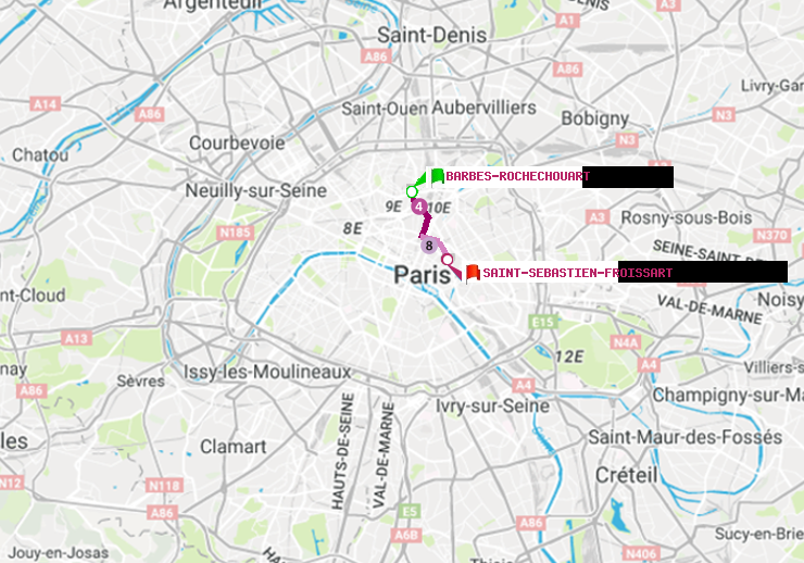 plan itinéraire ratp de Barbès-Rochechouart à Saint-Sébastien-Froissart