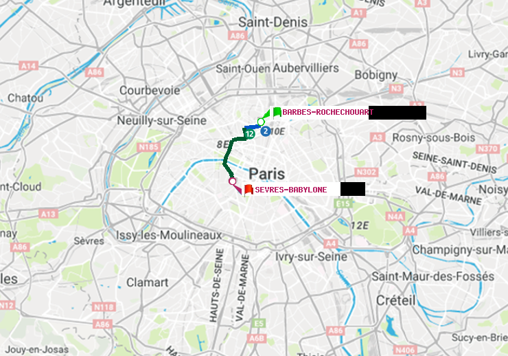 plan itinéraire ratp de Barbès-Rochechouart à Sèvres-Babylone