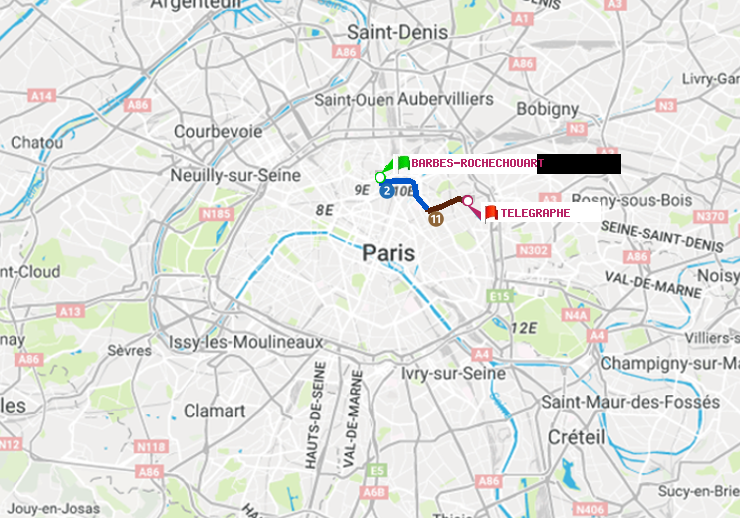 plan itinéraire ratp de Barbès-Rochechouart à Telegraphe