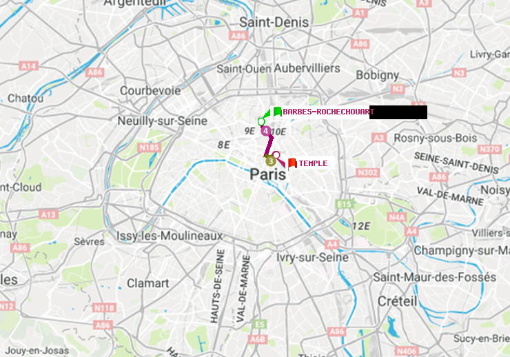 plan itinéraire ratp de Barbès-Rochechouart à Temple