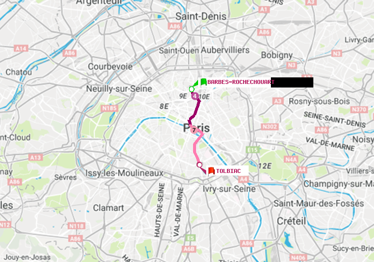plan itinéraire ratp de Barbès-Rochechouart à Tolbiac