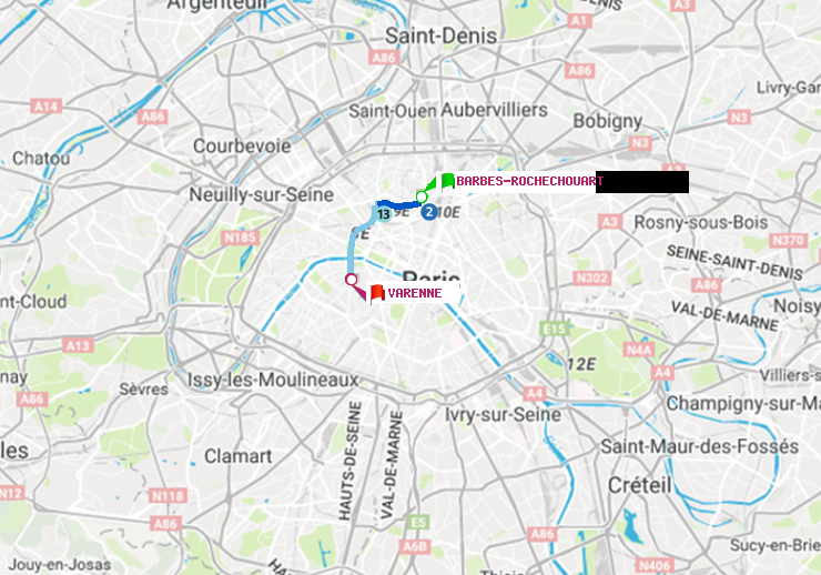 plan itinéraire ratp de Barbès-Rochechouart à Varenne