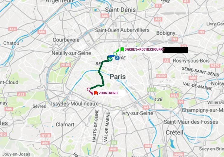 plan itinéraire ratp de Barbès-Rochechouart à Vaugirard (Adolphe Chérioux)
