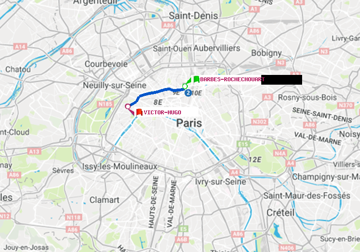 plan itinéraire ratp de Barbès-Rochechouart à Victor Hugo