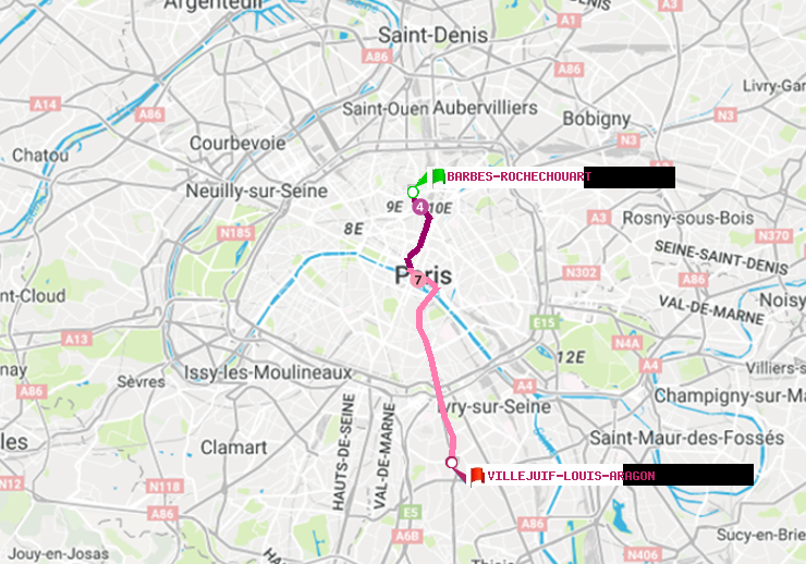 plan itinéraire ratp de Barbès-Rochechouart à Villejuif-Louis Aragon