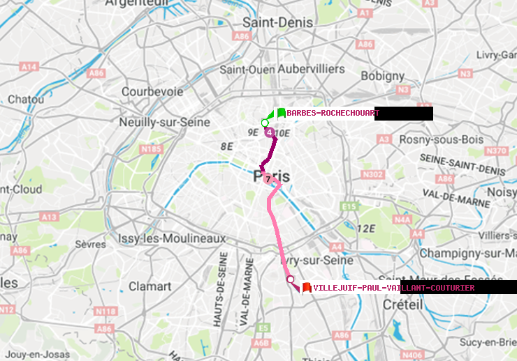 plan itinéraire ratp de Barbès-Rochechouart à Villejuif-Paul Vaillant Couturier (Hôpital Paul Brousse)