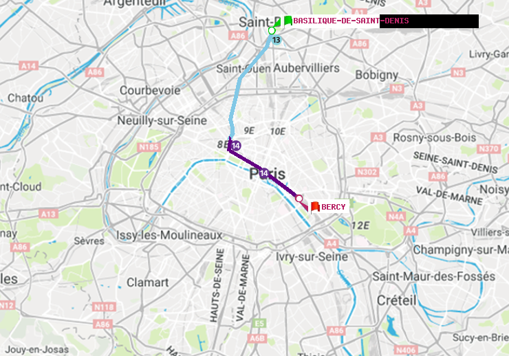 plan itinéraire ratp de Basilique de Saint-Denis à Bercy