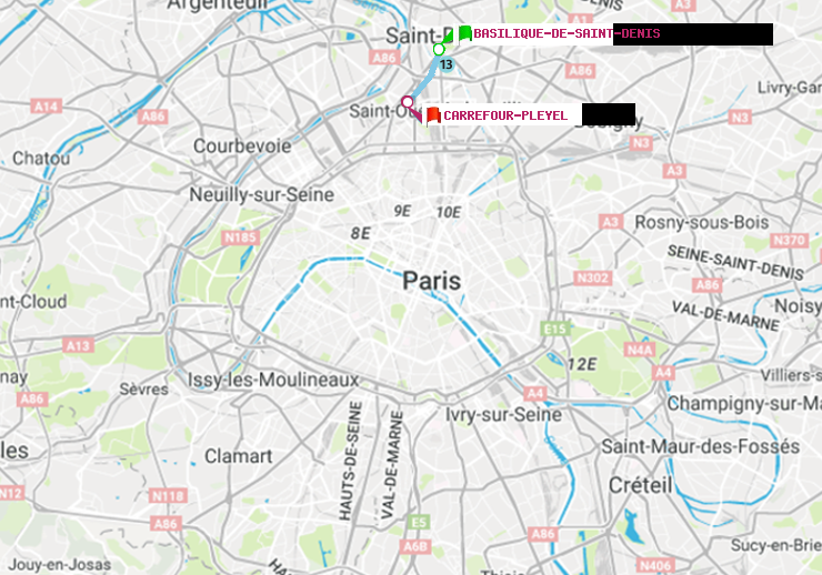plan itinéraire ratp de Basilique de Saint-Denis à Carrefour-Pleyel