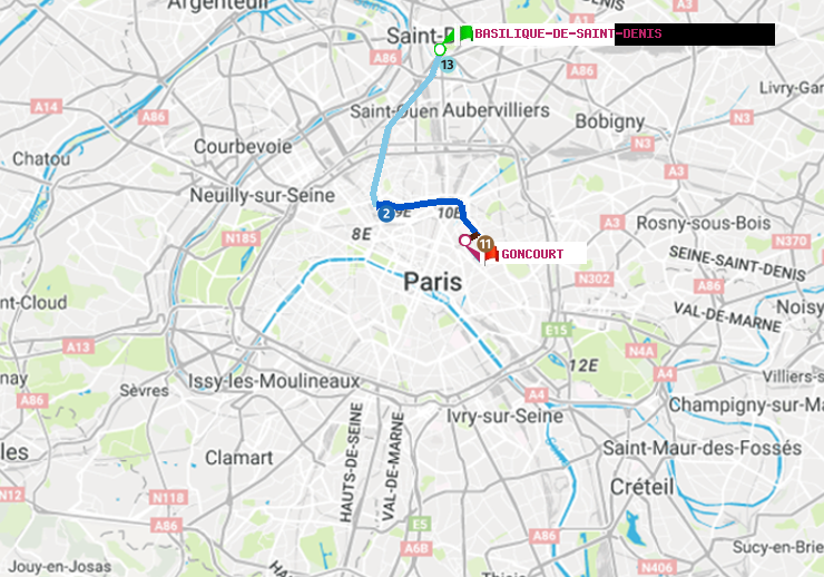 plan itinéraire ratp de Basilique de Saint-Denis à Goncourt (Hôpital Saint-Louis)