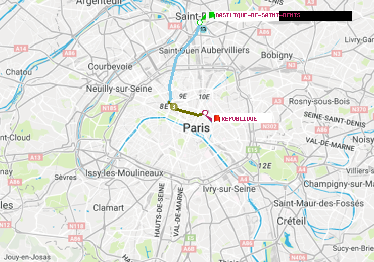 plan itinéraire ratp de Basilique de Saint-Denis à République