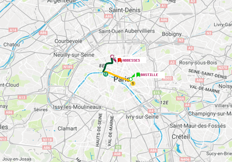 plan itinéraire ratp de Bastille à Abbesses