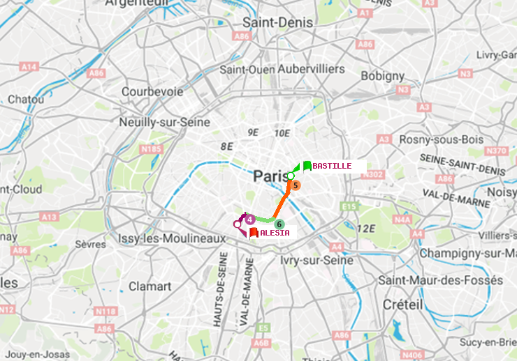 plan itinéraire ratp de Bastille à Alésia