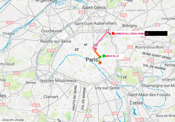 plan itinéraire ratp de Bastille à Aubervilliers Pantin (4 Chemins)