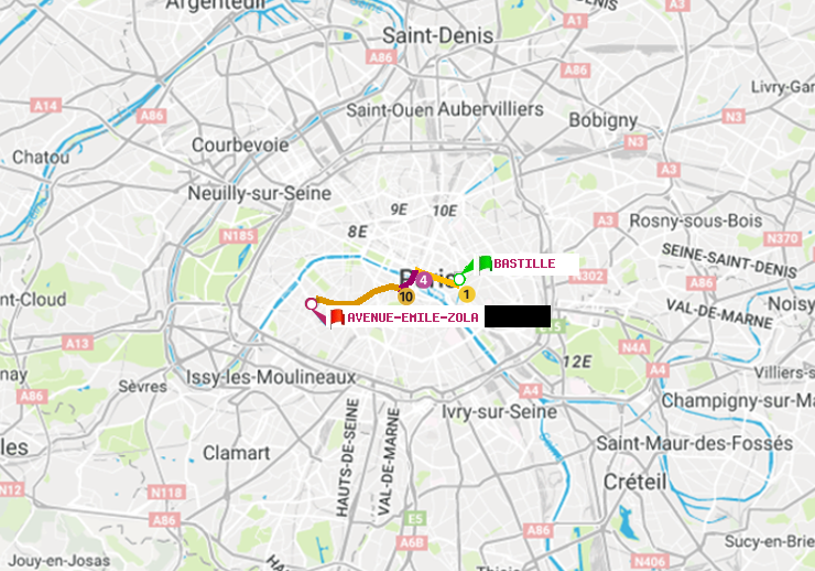 plan itinéraire ratp de Bastille à Avenue Emile-Zola