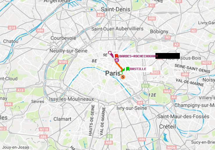 plan itinéraire ratp de Bastille à Barbès-Rochechouart