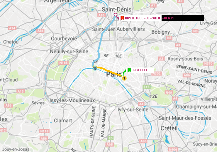 plan itinéraire ratp de Bastille à Basilique de Saint-Denis