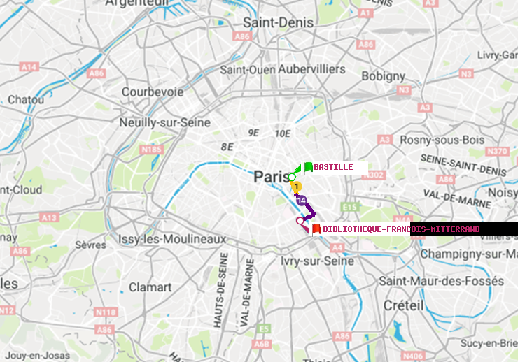 plan itinéraire ratp de Bastille à Bibliotheque-Francois Mitterrand