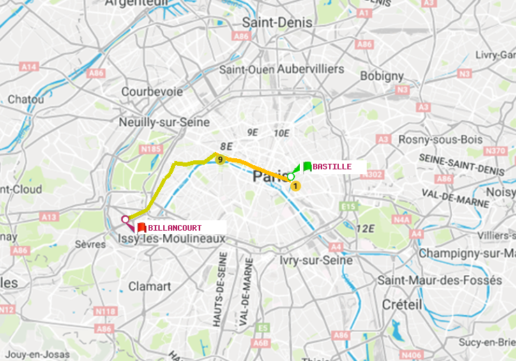 plan itinéraire ratp de Bastille à Billancourt
